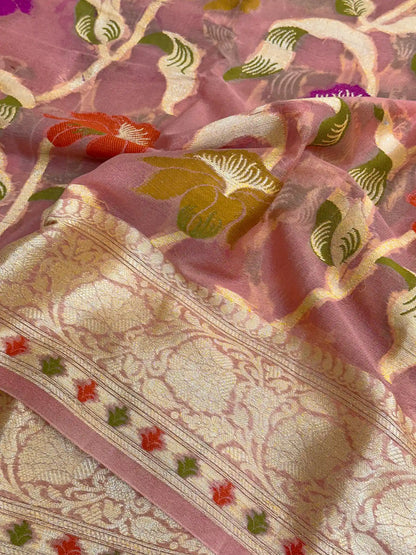 Rare Peach Shade Floral Chiffon Silk Banarasi Saree