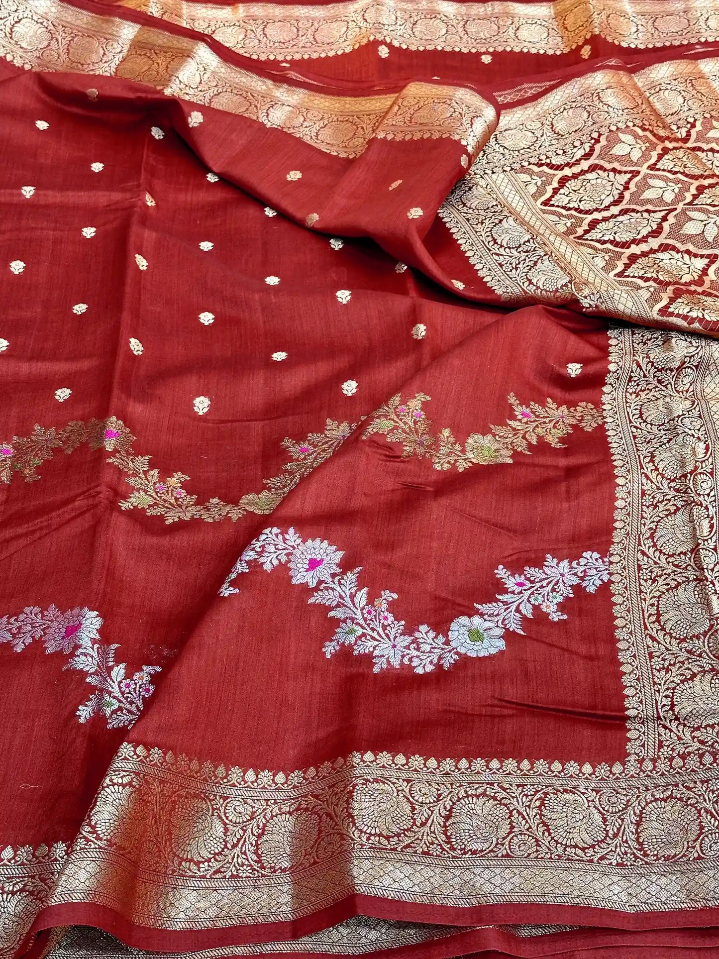 Red Meenakari Leheriya Chiniya Silk Saree