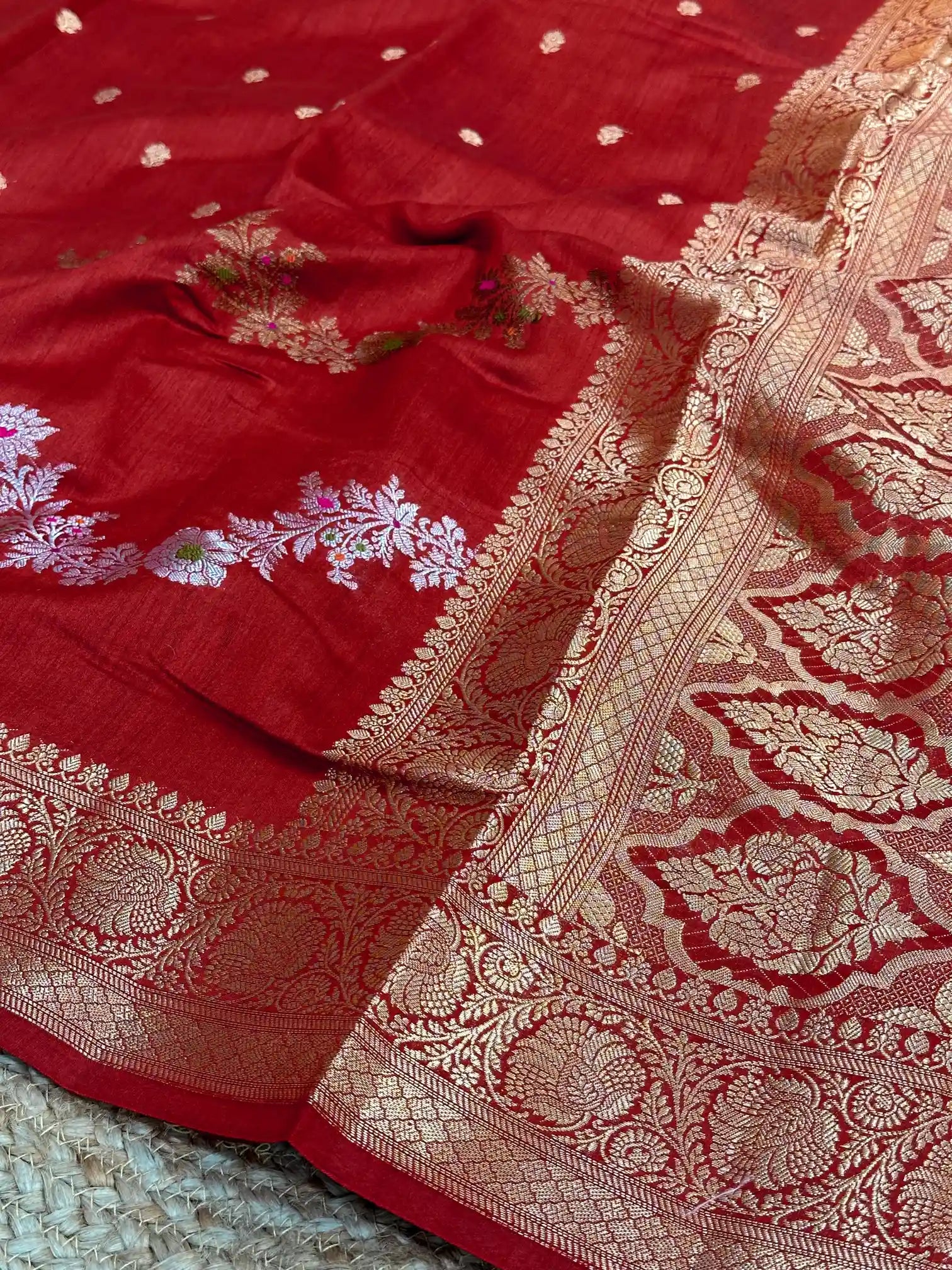 Red Meenakari Leheriya Chiniya Silk Saree