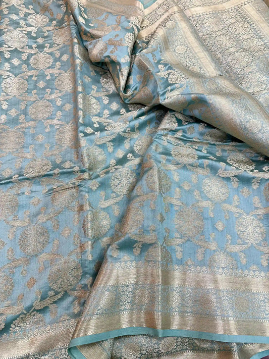 Sea Blue Pure Chiniya Silk Banarasi Saree