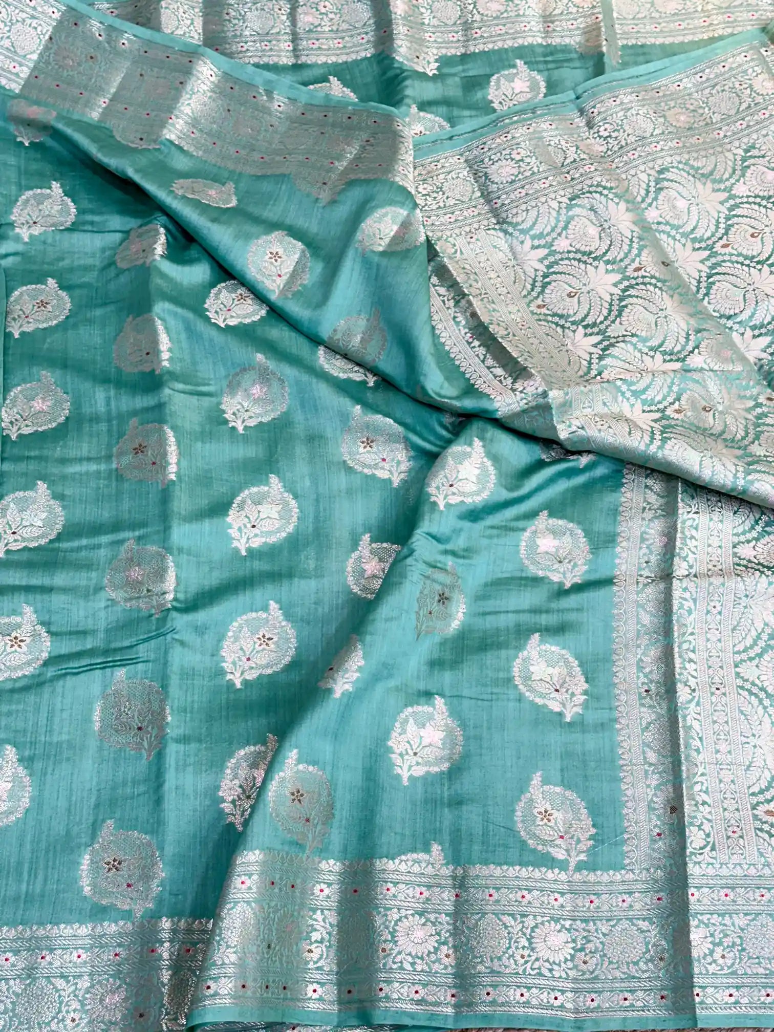 
Sea Green Meenakari Buta Chiniya Silk Saree
